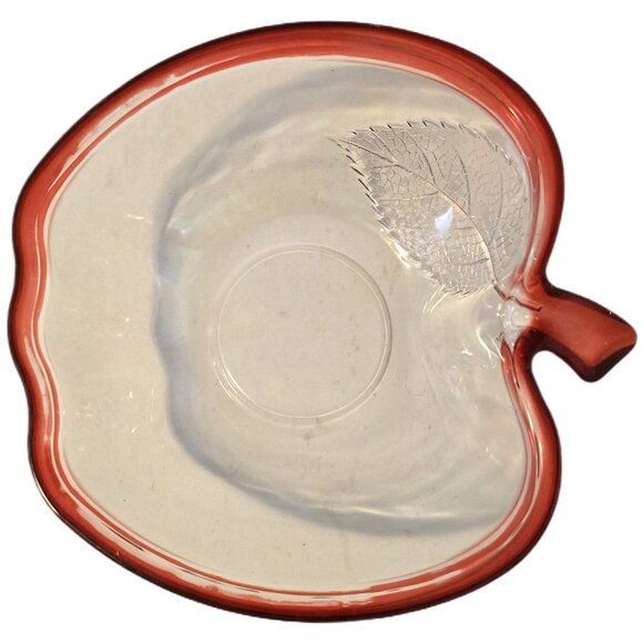 Glass Apple Bowl Red Rim Serving Dish Candy Salad Picnic Party Retro - Picture 2 of 6